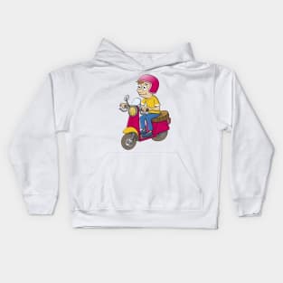 Cartoon illustration of a young boy on a motorbike Kids Hoodie